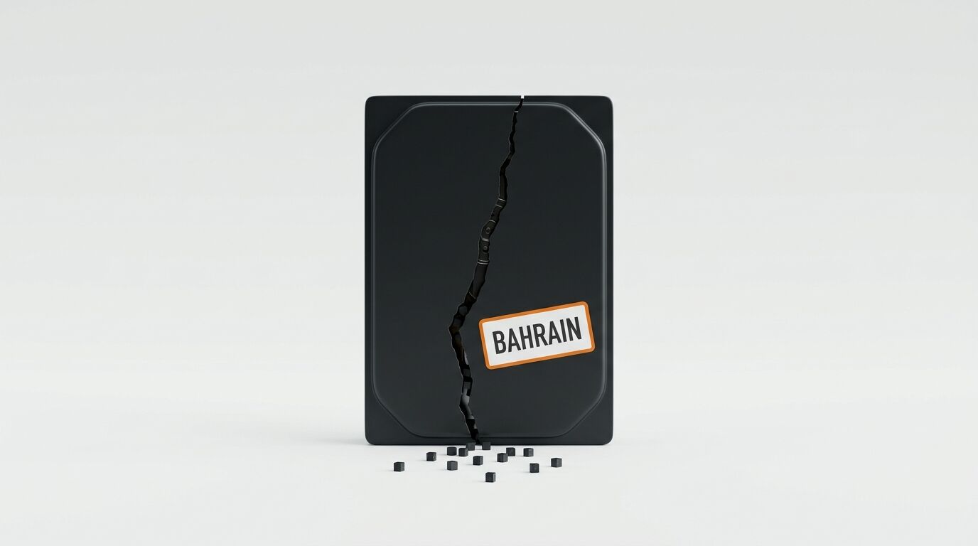 Schwarze Platte mit Riss, Brocken unten, Aufkleber „BAHRAIN“ auf weißem Grund