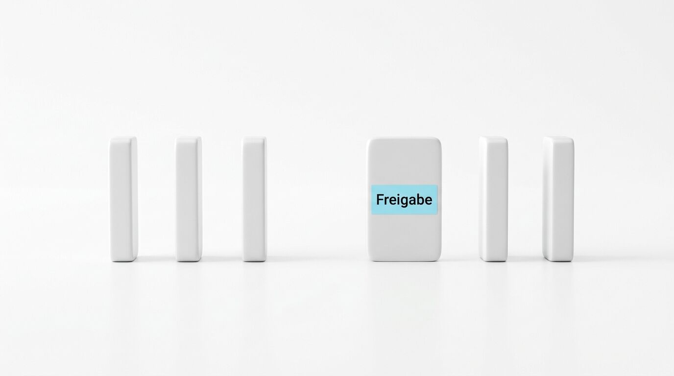 Sechs weiße rechteckige Objekte in einer Reihe, das mittlere trägt ein türkises Etikett mit "Freigabe"