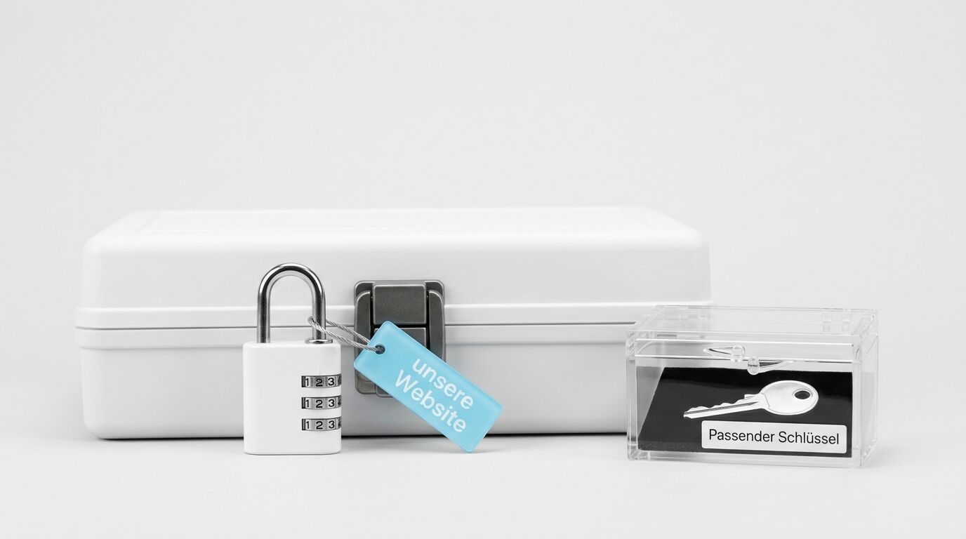 Weiße Box mit Zahlenschloss, blauem Tag "unsere Website" und Schlüsselbehälter "Passenger Schlüssel"