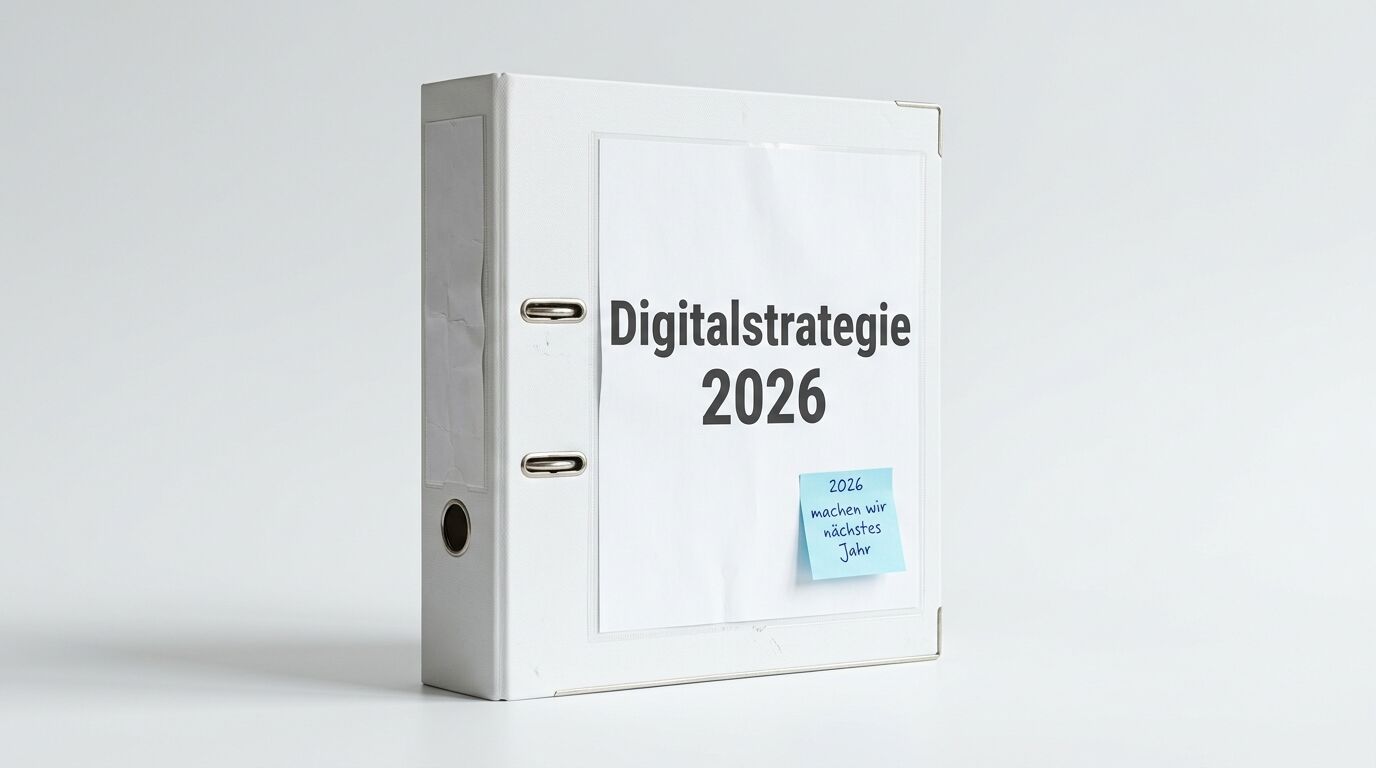 Weißer Ordner mit der Aufschrift "Digitalstrategie 2026" und einem blauen Notizzettel mit Text "2026 machen wir nächstes Jahr"