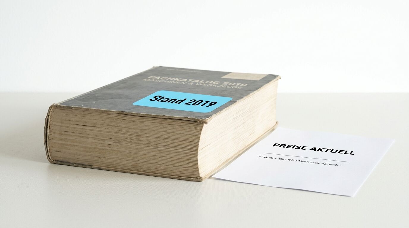 Altes Buch mit blauem Etikett "Stand 2019" neben einem Flyer "PREISE AKTUELL" auf weißer Oberfläche
