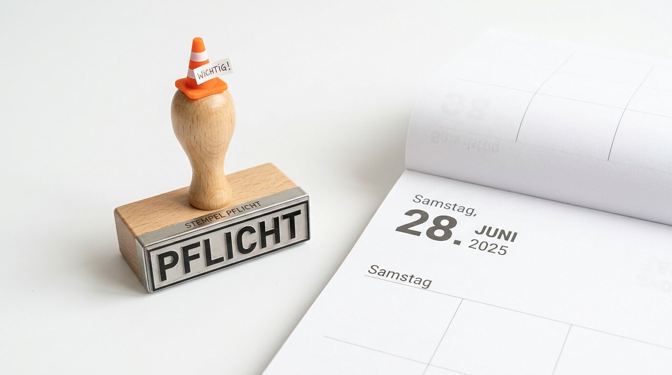 Ein Holzstempel mit „PFLICHT“ und „WICHTIG!“ neben einem Kalender zum 28. Juni 2025