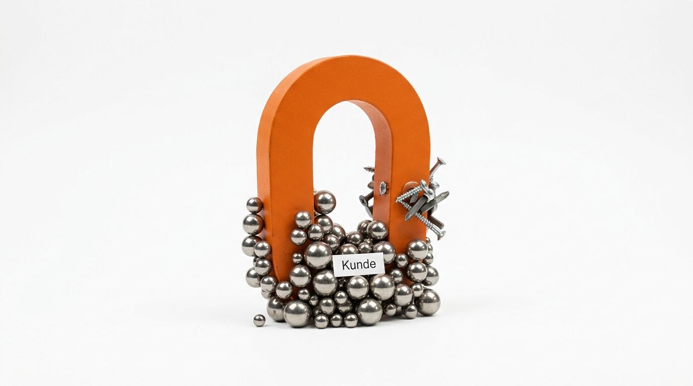 Oranger Magnet zieht Metallkugeln und Nägel an, mit dem Schriftzug „Kunde“ darauf