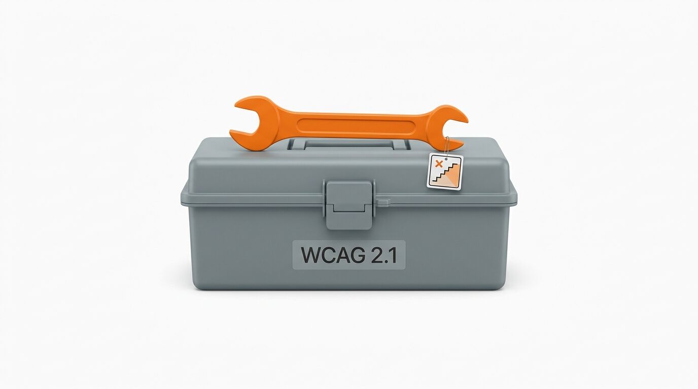 Werkzeugkasten mit Schraubenschlüssel, „WCAG 2.1“-Schriftzug und Zugänglichkeitsanhänger
