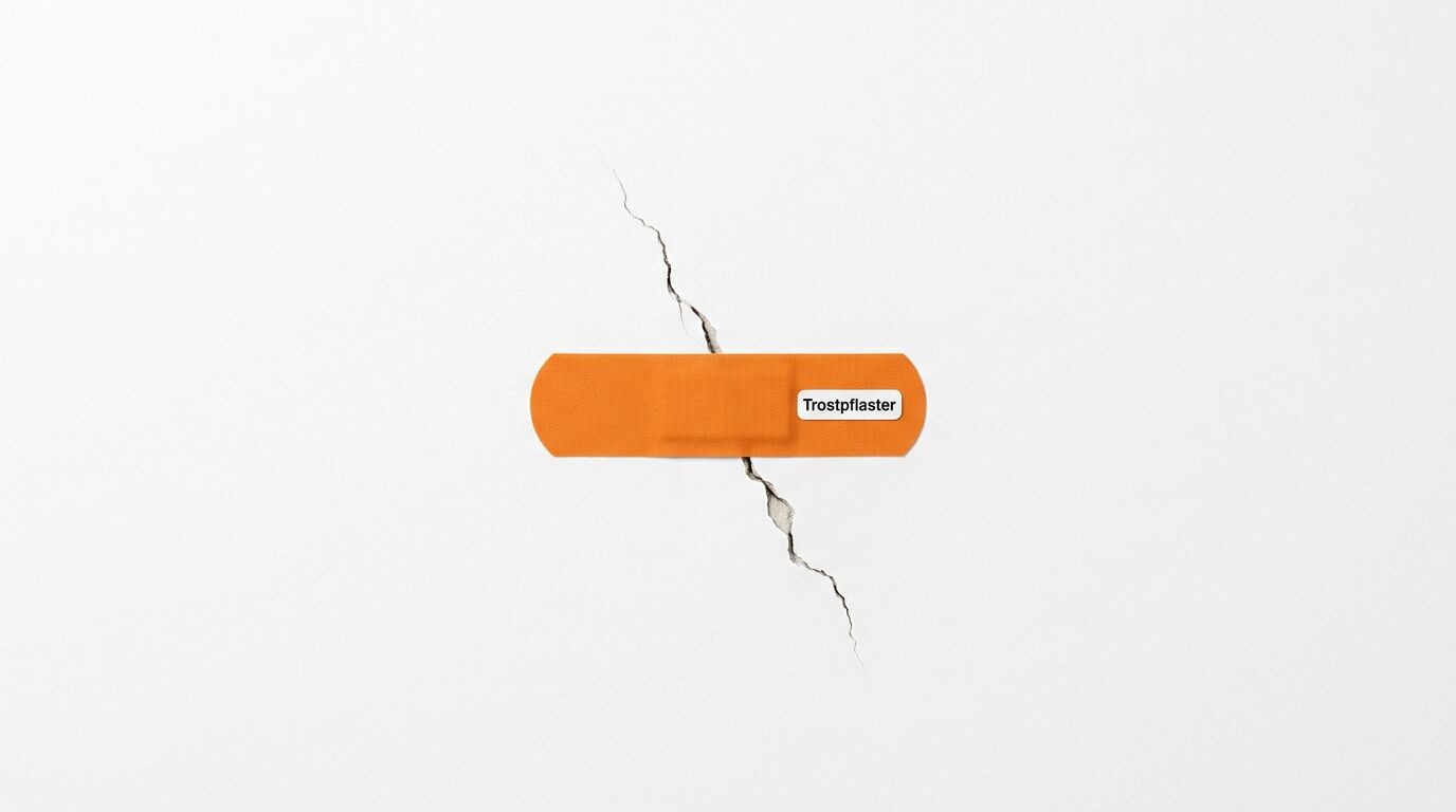 Riss in weißer Wand, der waagerecht von einem orangefarbenen Pflaster mit der Aufschrift Trostpflaster überklebt ist