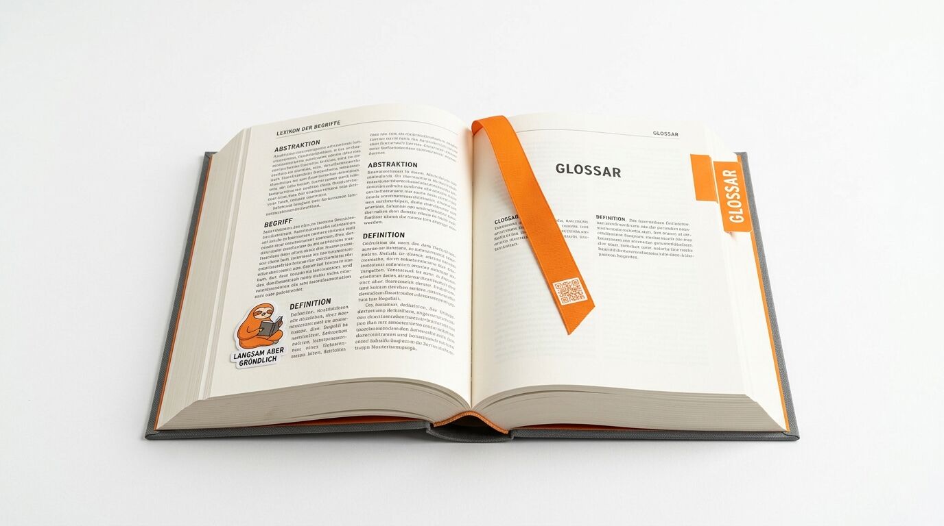 Ein aufgeschlagenes Fachbuch mit Lexikoneinträgen links und einem Glossar rechts