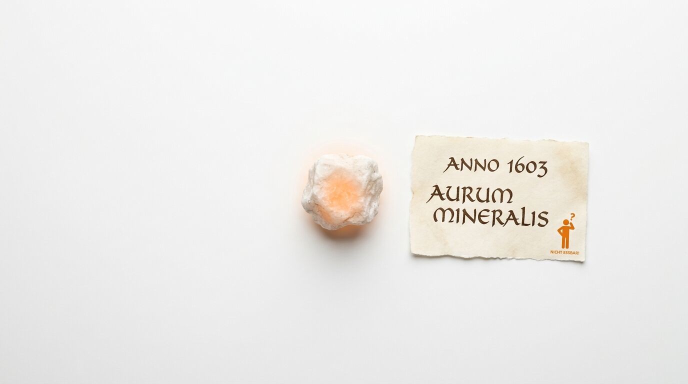 Ein leuchtender Mineralstein und ein Papierzettel mit der Aufschrift ANNO 1603 AURUM MINERALIS