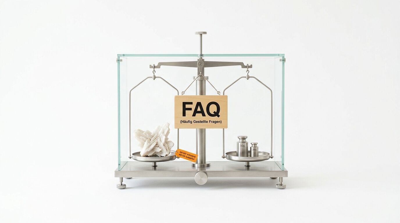 Balkenwaage im Glaskasten mit Kristall links, Gewichten rechts und „FAQ“-Schild in der Mitte