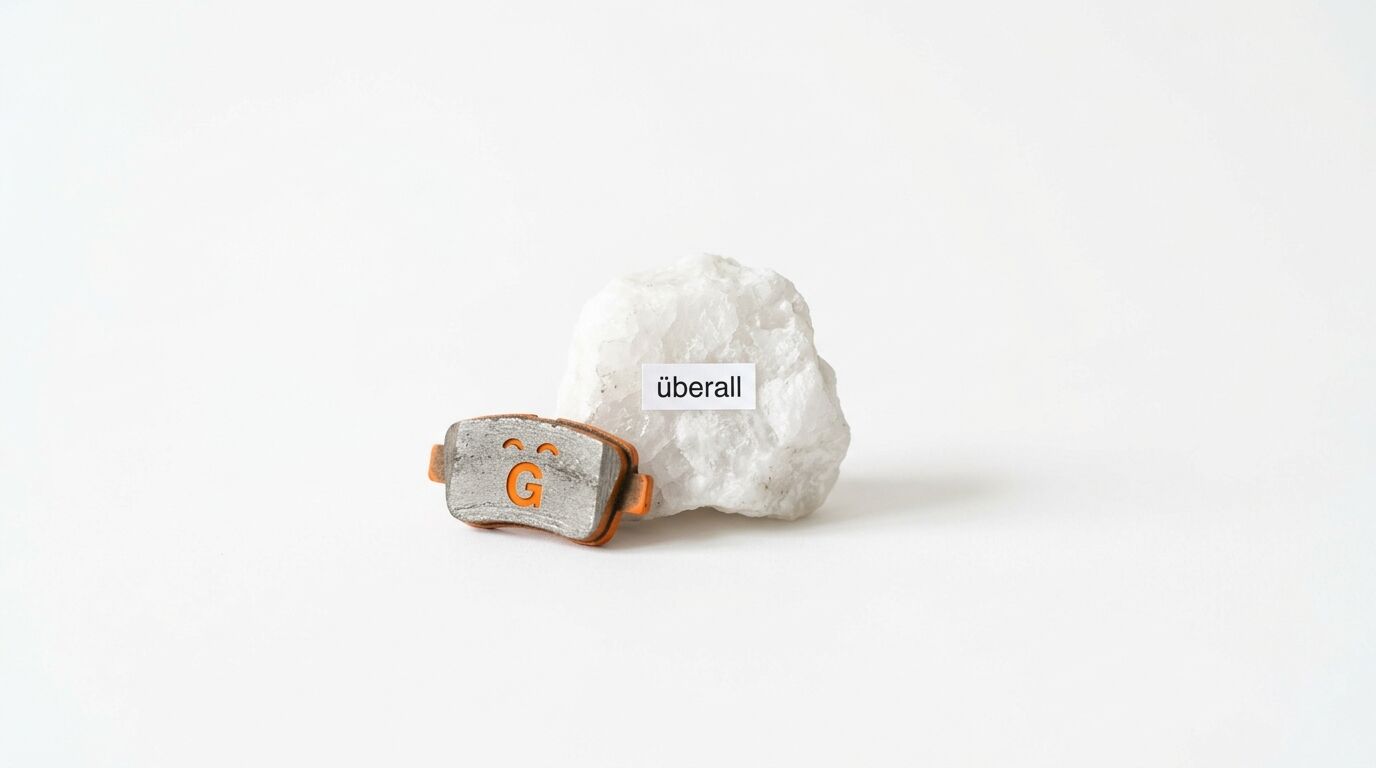 Bremsbelag mit G-Logo vor weißem Stein, darauf ein Etikett mit dem Wort „überall“