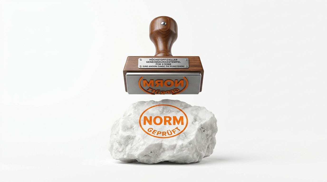 Ein Holzstempel schwebt über einem Stein mit dem orangen Abdruck „NORM GEPRÜFT“ auf weißem Grund