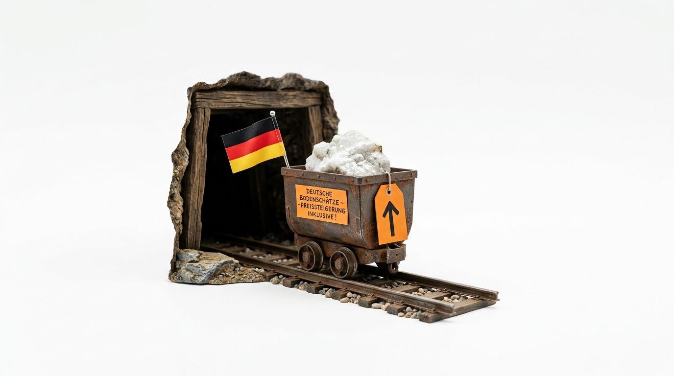Miniatur-Lore mit Salz und Deutschlandflagge verlässt Stollen; Preisschild mit Text und Pfeil