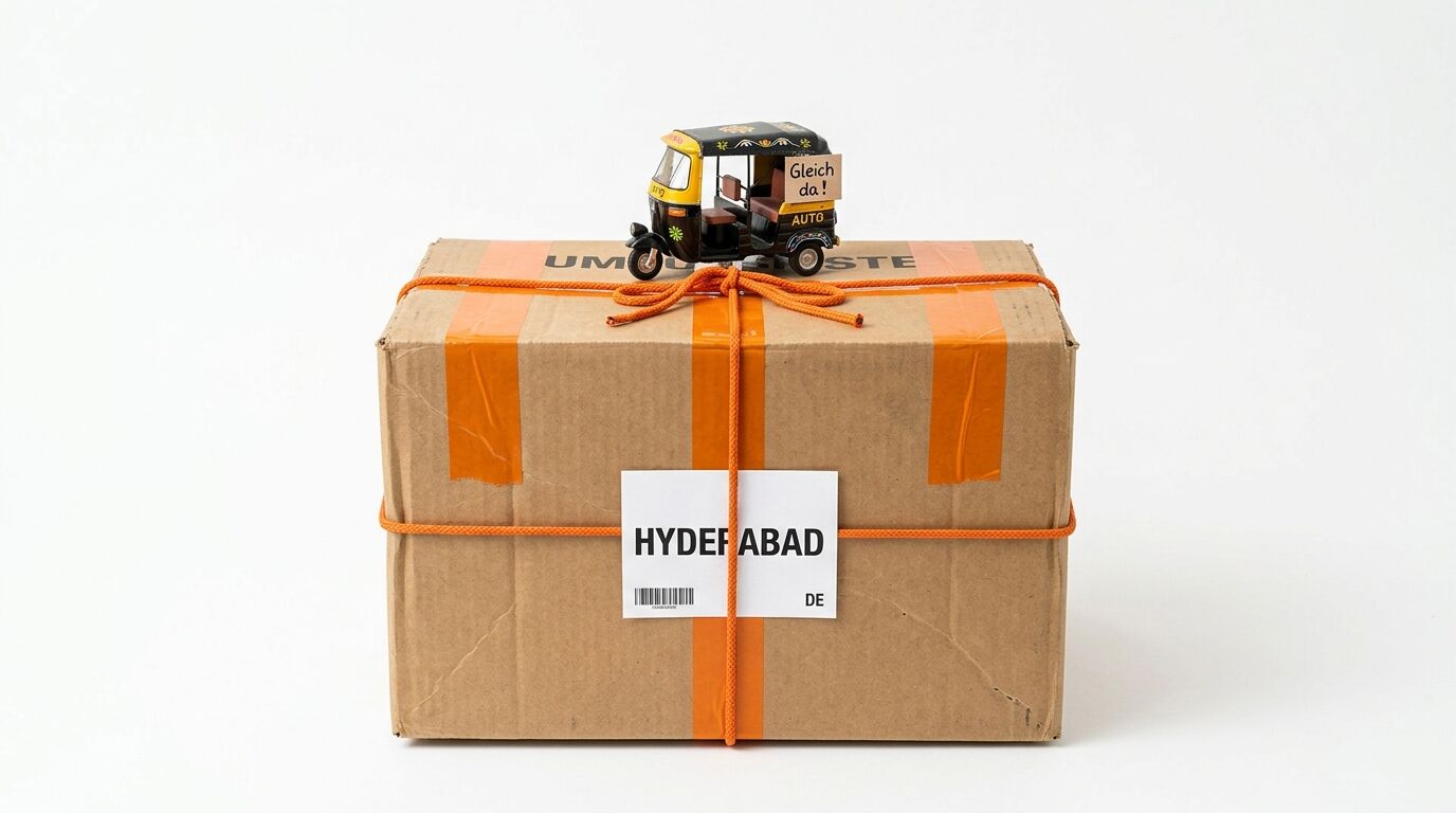 Ein Kartonpaket mit orangefarbener Schnur und Rikscha-Modell oben drauf, vor weißem Hintergrund