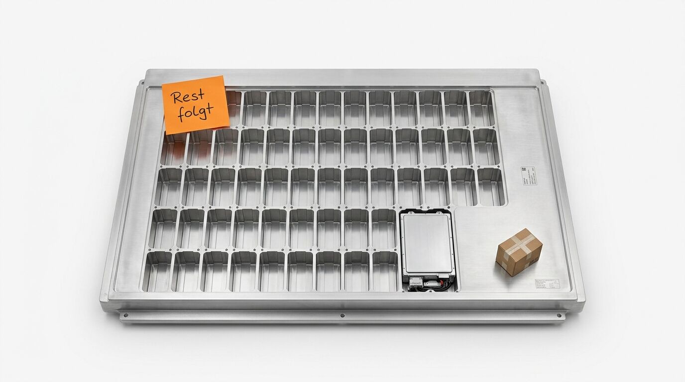 Alu-Gitterbox mit Akku, Karton und „Rest folgt“-Notiz auf weißem Grund