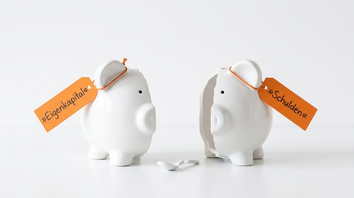 Zwei Sparschweinhälften: links ganz, rechts offen, Anhänger „Eigenkapital“ und „Schulden“