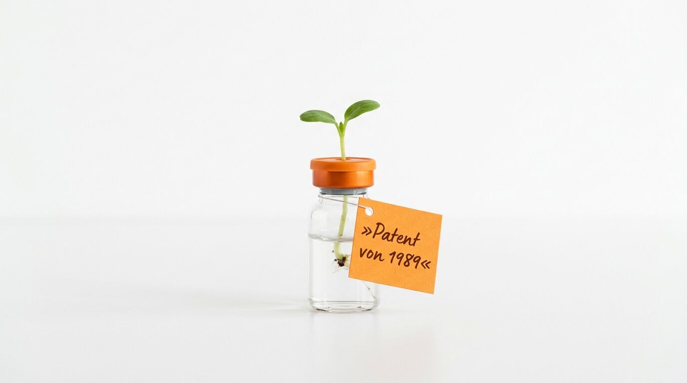 Pflänzchen in Fläschchen mit Schild „Patent von 1989“ auf weißem Hintergrund