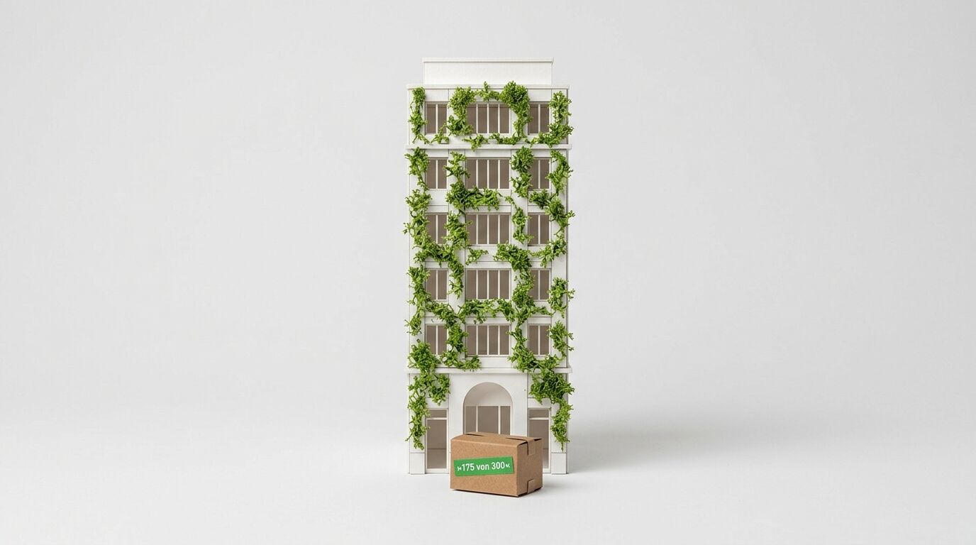 Miniaturhaus mit Begrünung, davor ein Paket mit Aufschrift