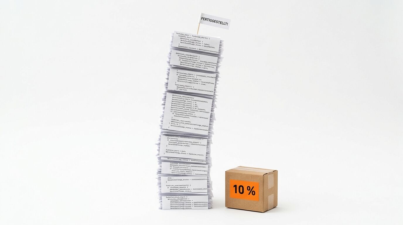 Papierstapel mit „FERTIGGESTELLT!“ und Karton mit „10 %“ vor weißem Hintergrund