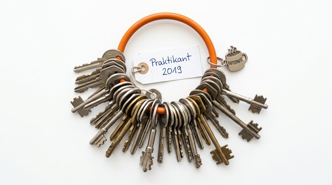 Schlüsselbund mit Anhänger „Praktikant 2019“ und Tassenanhänger auf orangefarbenem Ring