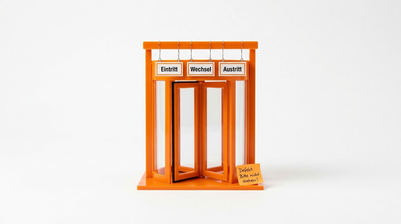 Ein orangefarbenes Karusselltür-Modell mit Beschilderungen und Notiz vor weißem Hintergrund