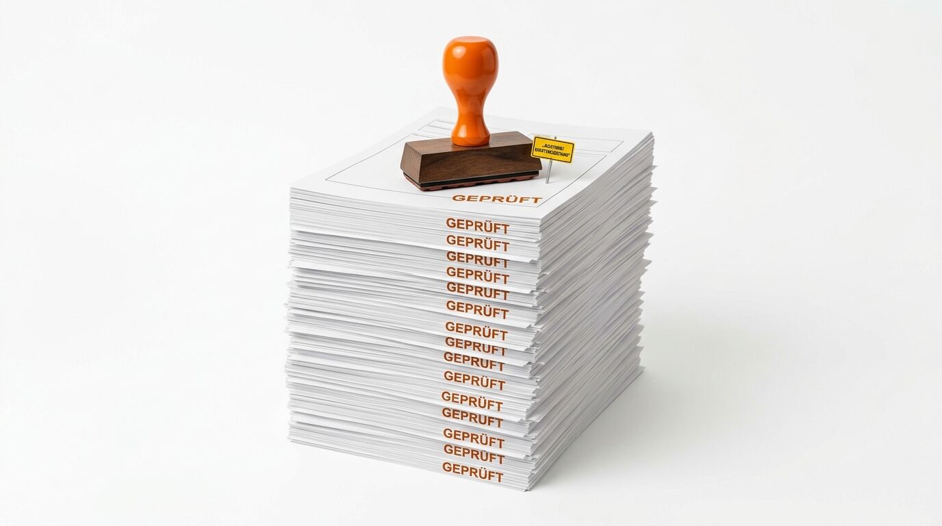 Stempel auf einem Stapel Papier mit Aufdruck „GEPRÜFT“