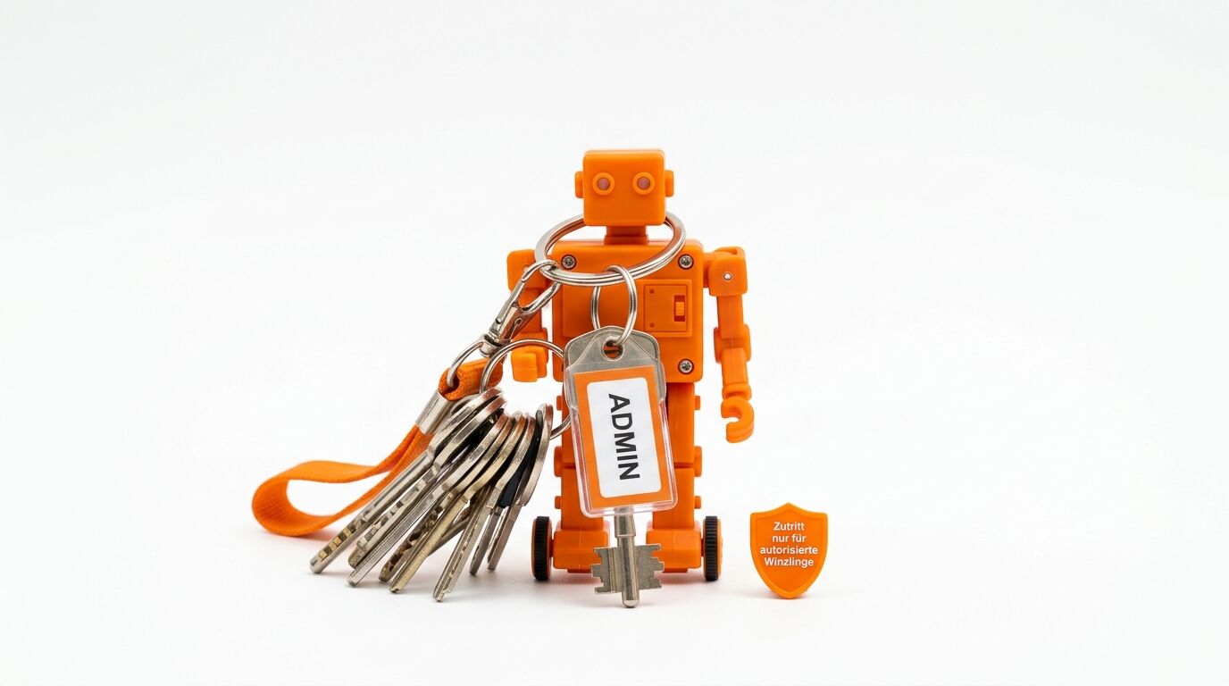 Orangefarbener Roboter-Schlüsselanhänger mit einem Schlüssel und einem 'ADMIN'-Schild