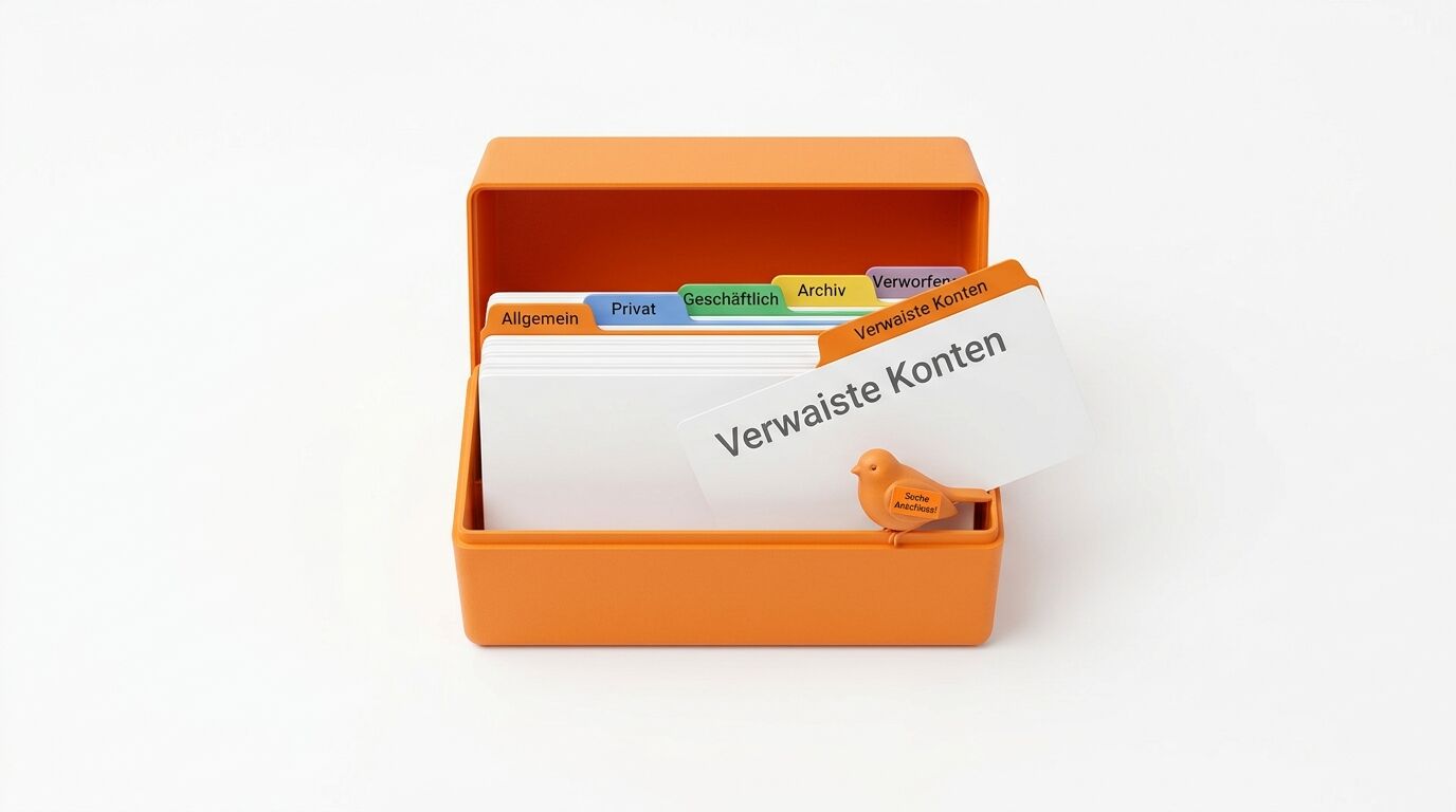 Offener orangefarbener Karteikasten mit farbigen Reitern, Karte „Verwaiste Konten“ und Vögelchen
