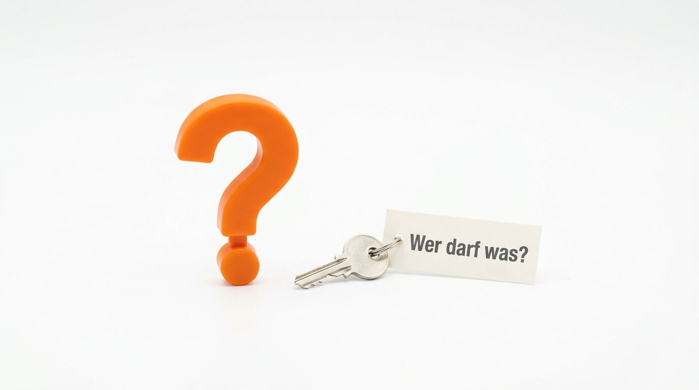 Orangefarbenes Fragezeichen, Schlüssel mit Anhänger, Aufschrift