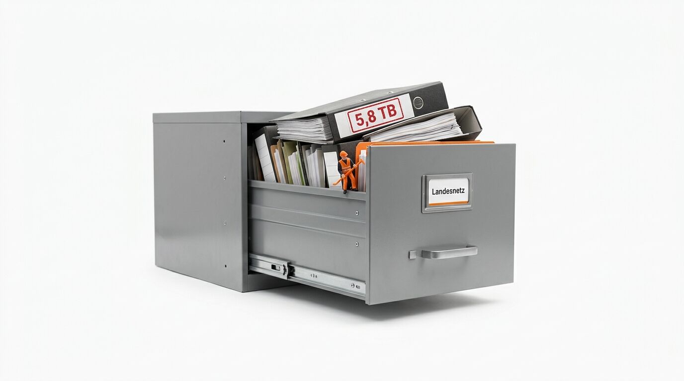 Aktenschrank mit offener Schublade, Aktenordnern, kleinem Bauarbeiter, „5,8 TB“-Schild und „Landesnetz“-Beschriftung vor weißem Hintergrund