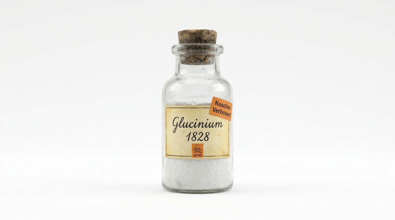 Glucinium 1828 Giftflasche mit weißem Pulver, korkenverschlossen und Warnhinweisen