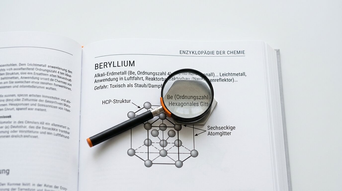 Chemie-Buchseite über Beryllium mit Text, Strukturmodell und einer Lupe darauf