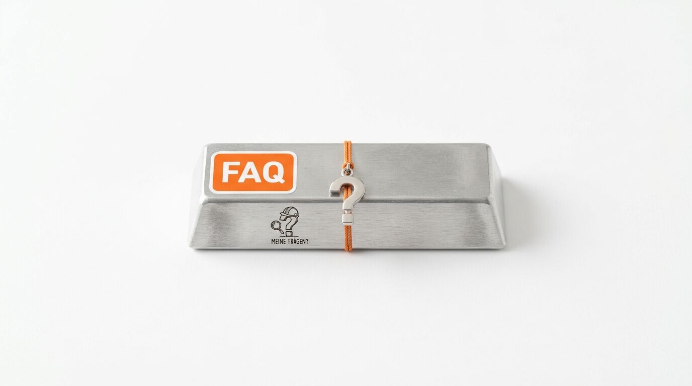 Metallbarren mit orangefarbenem „FAQ“-Aufkleber, Fragezeichen-Anhänger und Piktogramm auf Weiß