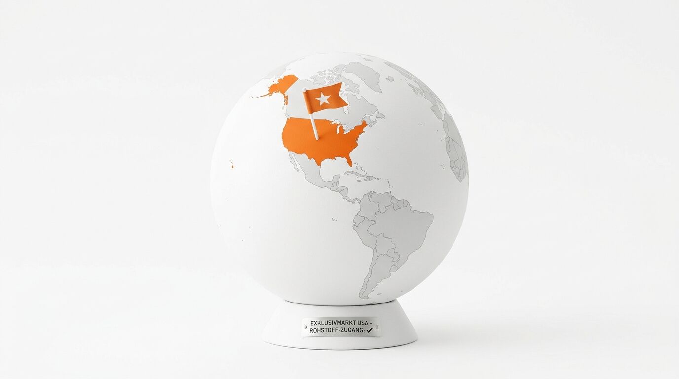 Weißer Globus mit orangefarbenen USA und Fähnchen. Text: „EXKLUSIVMARKT USA - ROHSTOFF-ZUGANG: ✅“