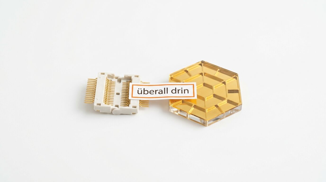 Elektronikbauteil, goldene Wabe, Aufkleber „überall drin“ vor weißem Hintergrund
