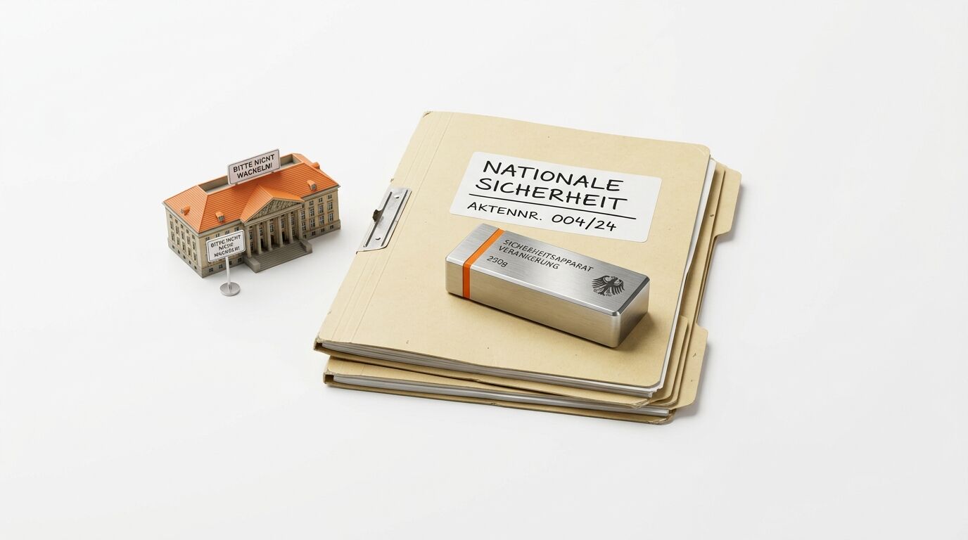 Modell des Bundestages neben einem Aktenstapel zur „Nationen Sicherheit“ und einem Goldbarren