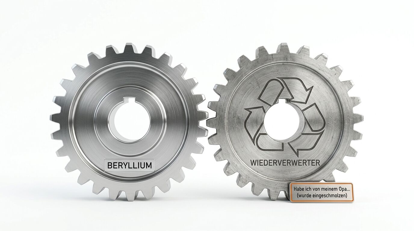 Zwei Zahnräder, eines neu mit „Beryllium“, eines alt mit Recycling-Symbol und Spruch, auf Weiß