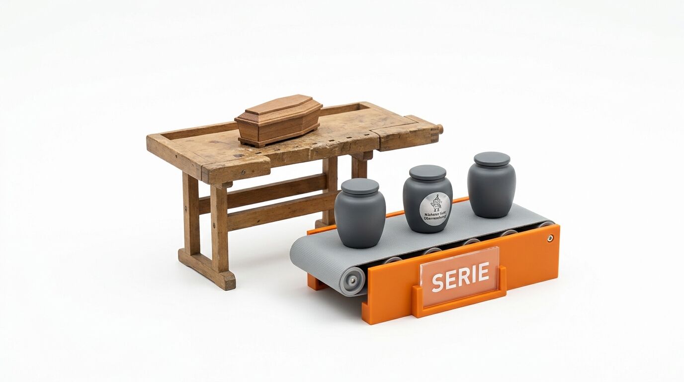Mini-Hobelbank mit Sarg und drei graue Urnen auf einem Förderband auf weißem Hintergrund
