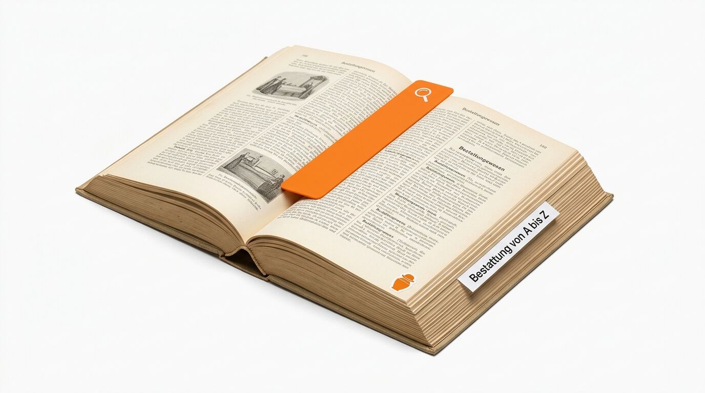 Geöffnetes Buch mit orangefarbenem Lesezeichen und weißer Lasche:
