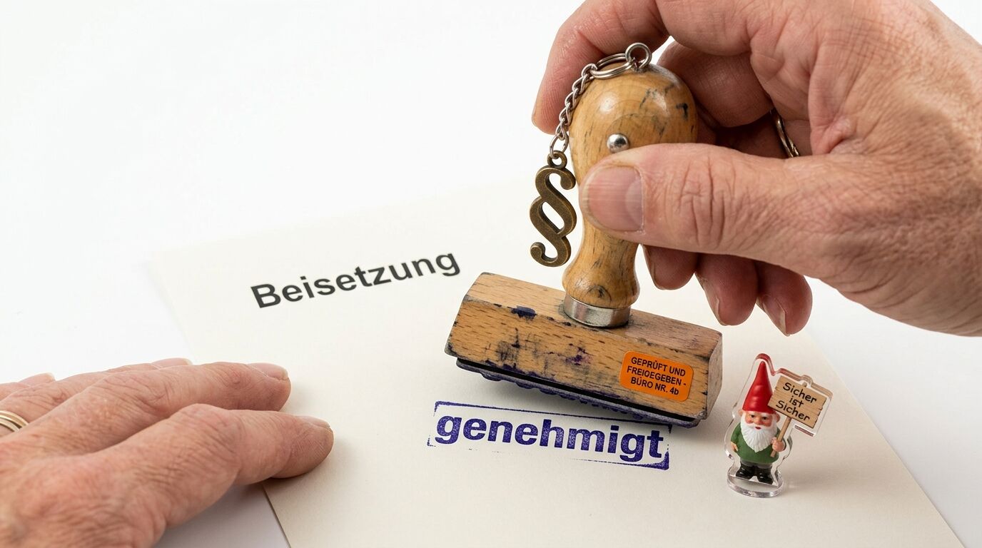 Hand stempelt Papier mit Aufdruck „Beisetzung“ und Stempelabdruck „genehmigt“