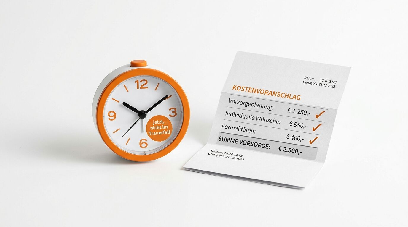 Bild einer orangeroten Uhr mit Text und einem Papier mit einem Kostenvoranschlag für die Bestattungsvorsorge