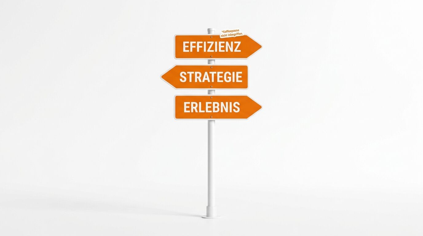 Ein Wegweiser mit drei orangefarbenen Schildern: EFFIZIENZ, STRATEGIE, ERLEBNIS