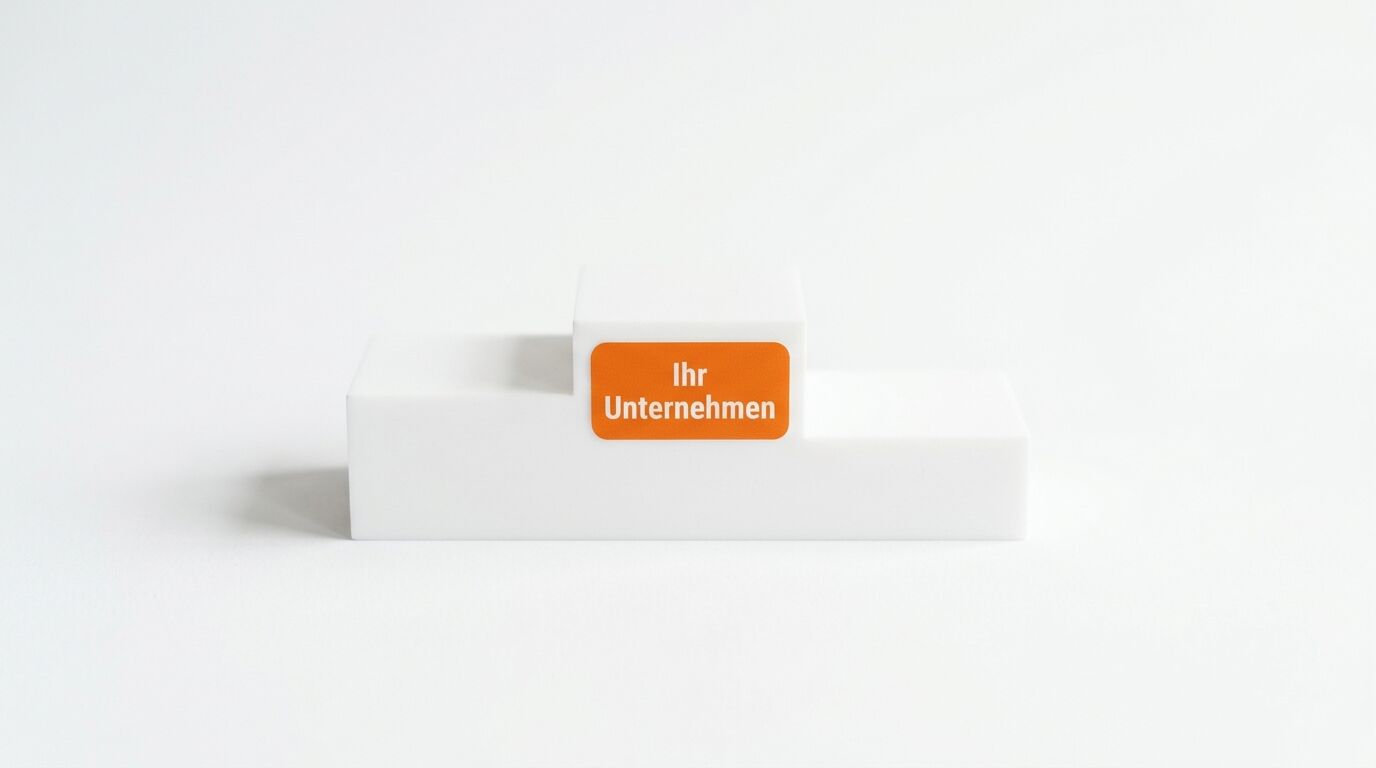 Weißes Siegerpodest mit orangefarbenem Schild „Ihr Unternehmen“ vor weißem Hintergrund