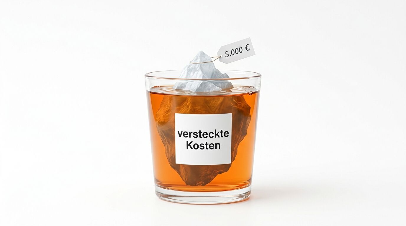 Glas mit bernsteinfarbener Flüssigkeit, Eisberg, Preisschild und Text