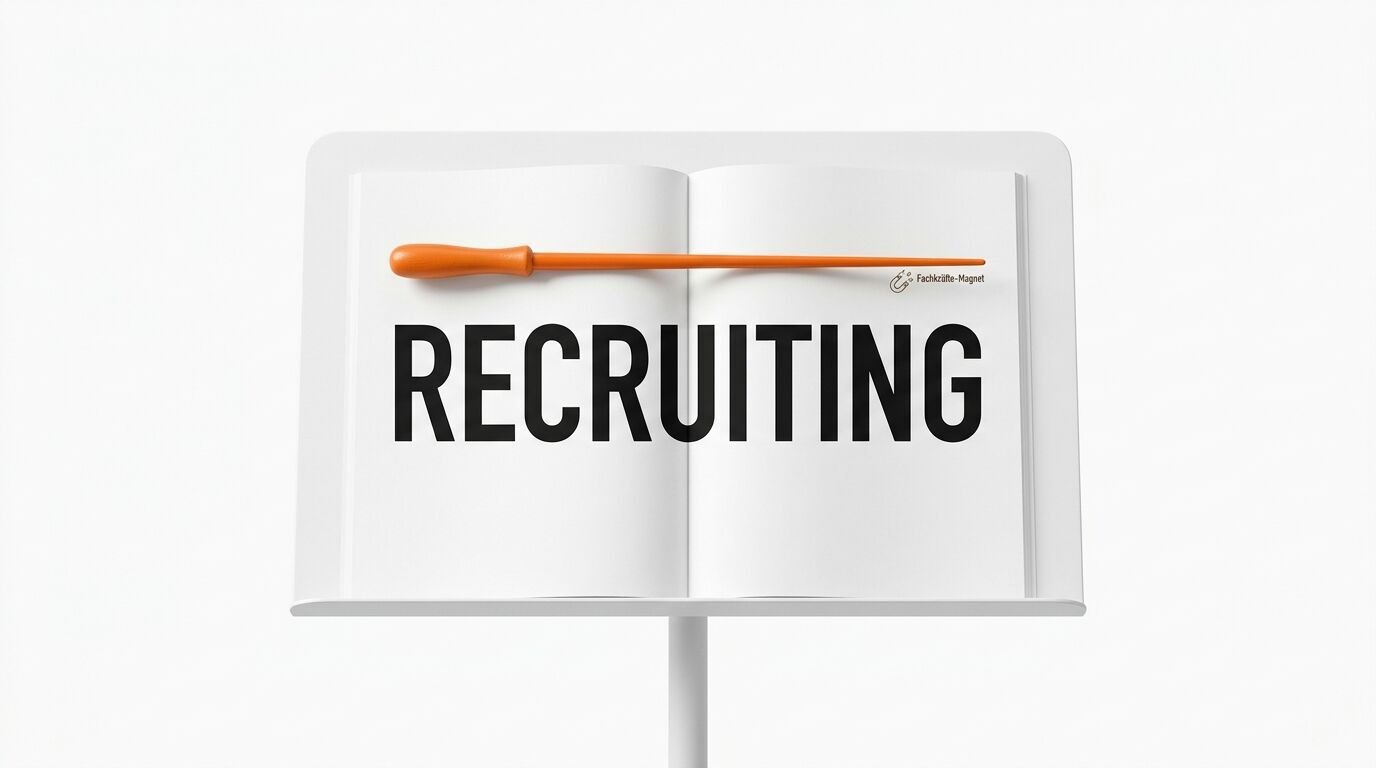 Notenpult mit Buch, Aufschrift RECRUITING, darauf ein orangefarbener Stab und Logo
