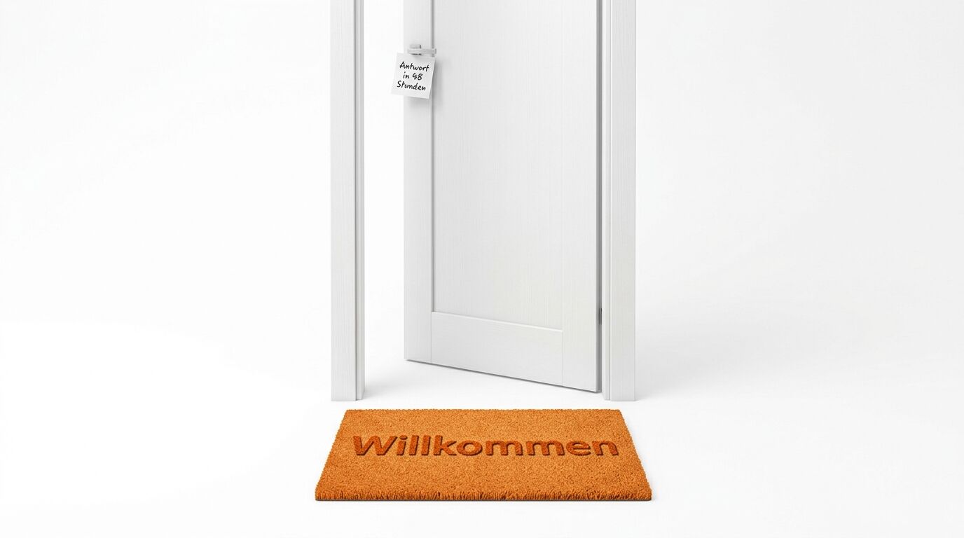 Geöffnete weiße Tür mit Schild, davor Fußmatte „Willkommen“