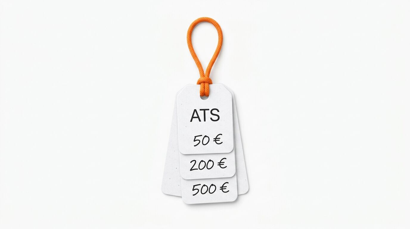 Preisschild mit Aufdruck: ATS, 50 €, 200 €, 500 € und oranger Kordel
