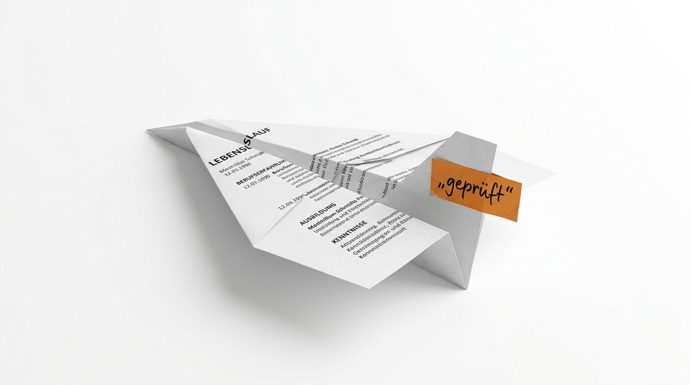 Papierflieger aus Lebenslauf gefaltet, mit orangefarbenem „geprüft“-Aufkleber
