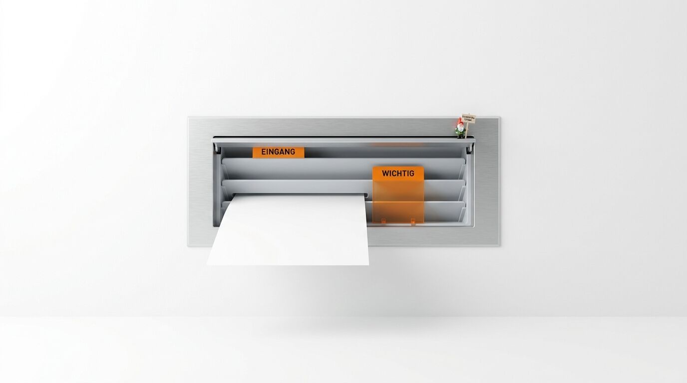 Hänge-Ordner in Wandnische mit Papieren und orangen Etiketten vor weißer Wand
