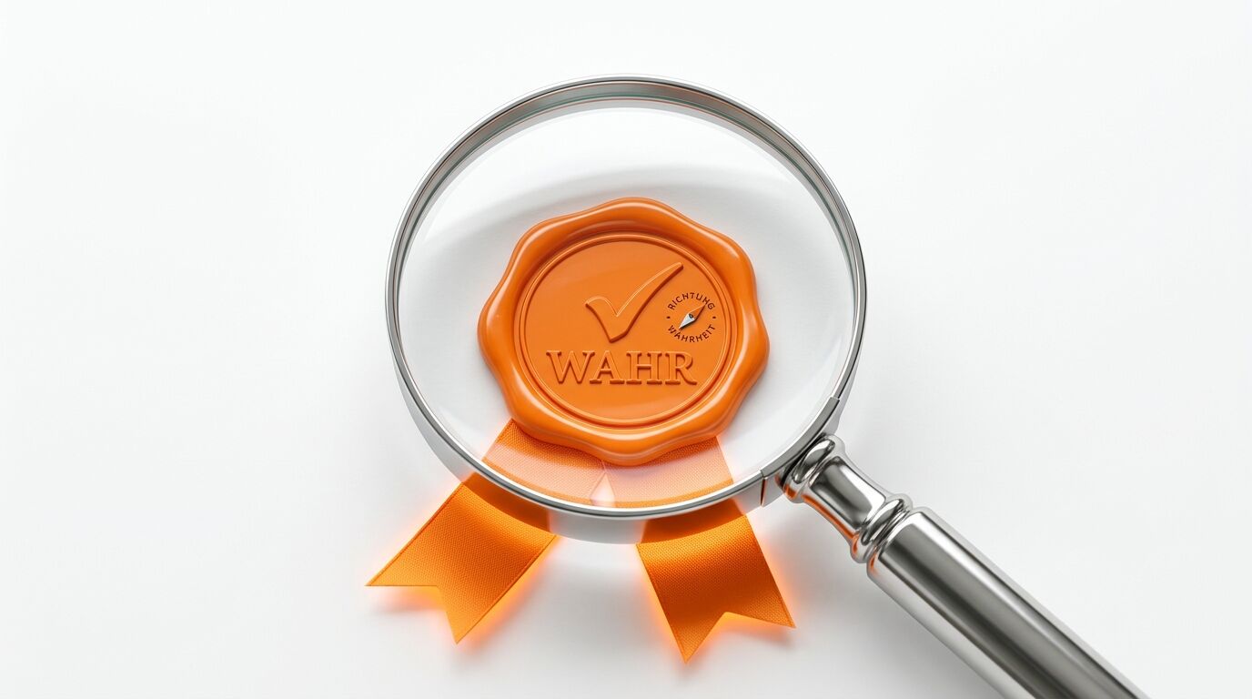 Lupe vergrößert oranges Siegel mit Haken, Kompass und dem Wort „WAHR“