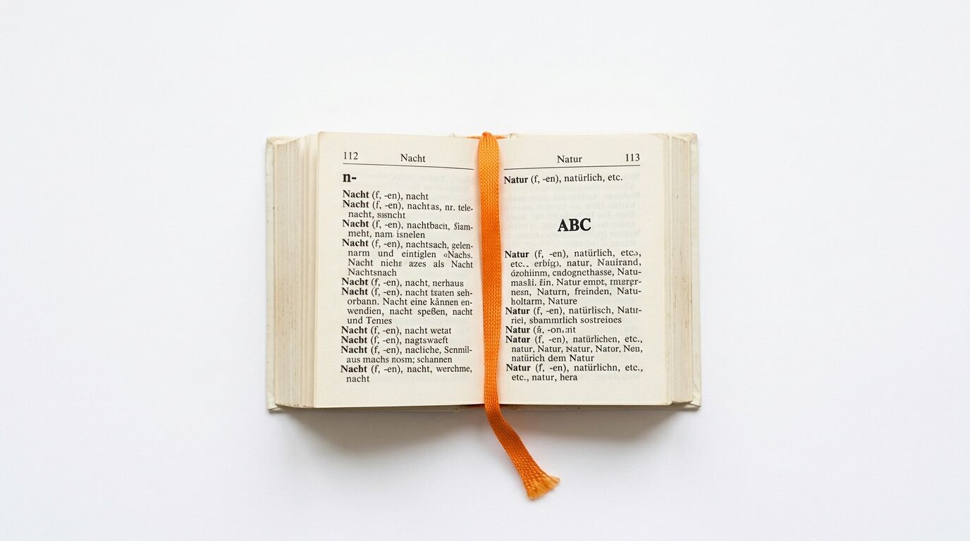 Ein aufgeschlagenes Buch, links steht Nacht, rechts steht Natur, mit orangefarbenem Leseband