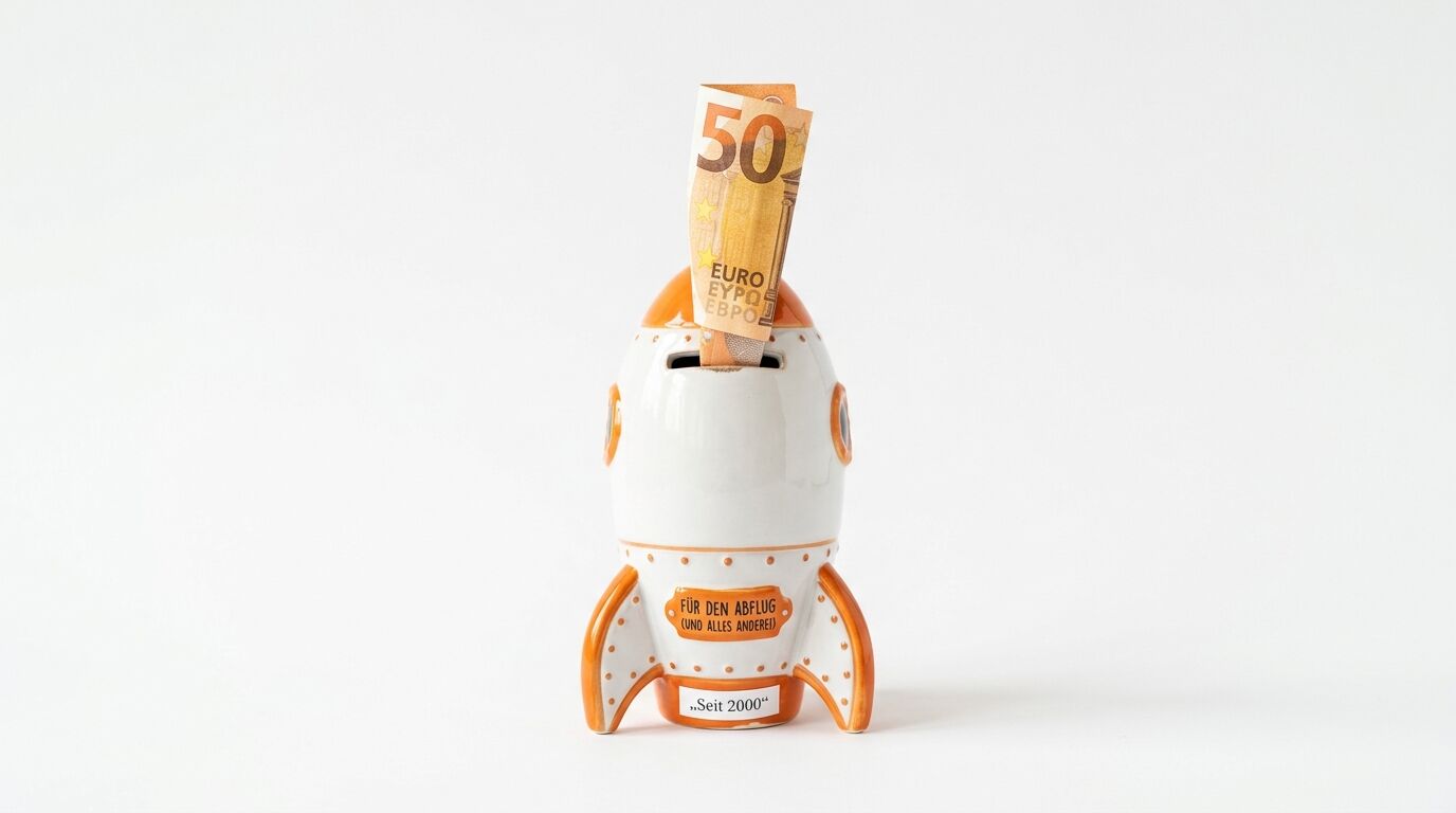 Keramik-Spardose in Raketenform mit 50-Euro-Schein im Schlitz vor weißem Hintergrund